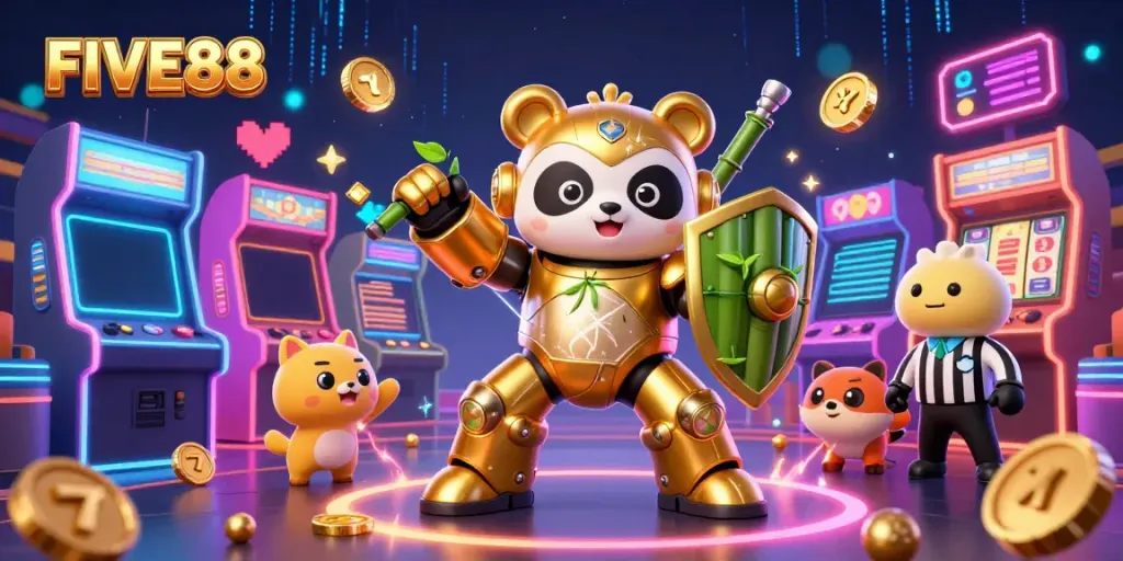 Engage with FIVE88's thrilling casino experience featuring a golden panda hero in a vibrant gaming arena.