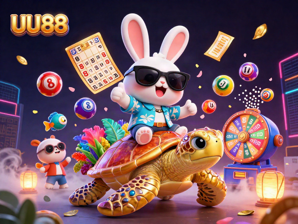 Engage with UU 88's vibrant casino illustration featuring a lucky rabbit with a golden turtle