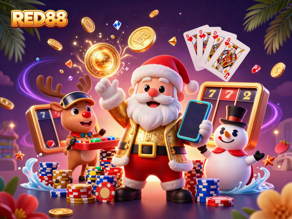 Enjoy thrilling moments at RED88 casino with friendly characters celebrating wins in vibrant illustration.