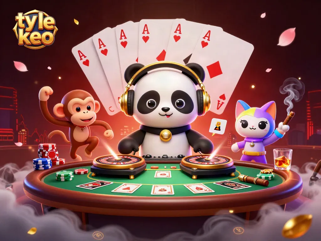 Engage with ty le keo strategies at a lively casino scene with DJ panda and breakdancing monkey.