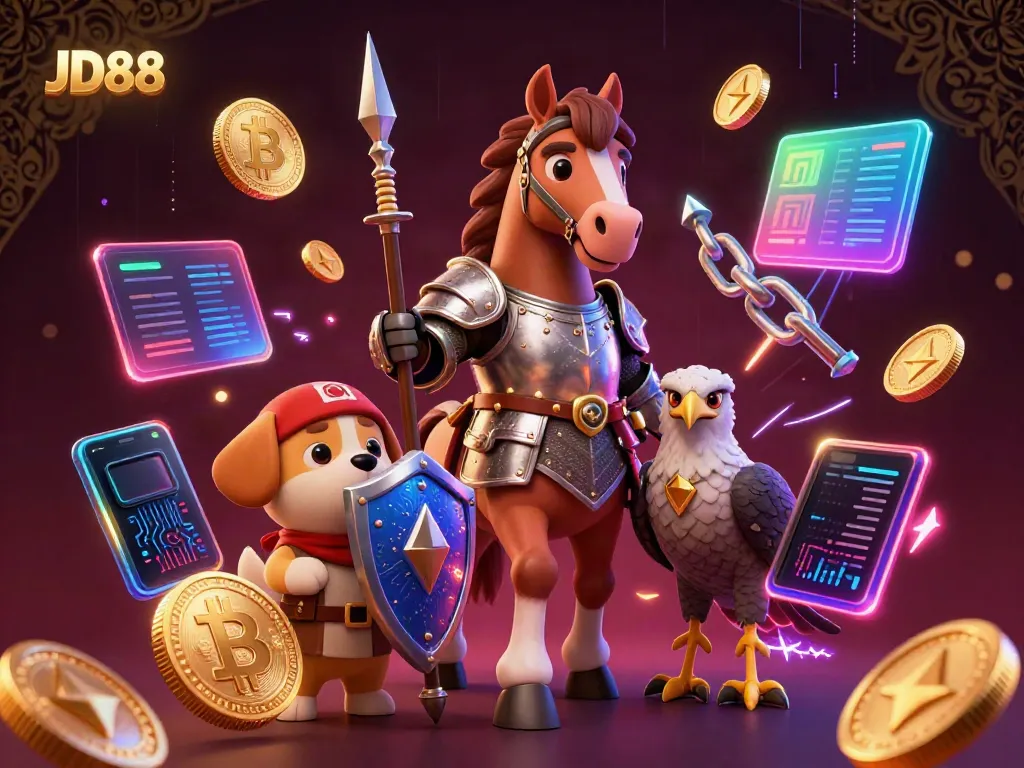 Experience JD88's exciting gaming adventure with a medieval knight and crypto elements illustrating a dynamic online casino.