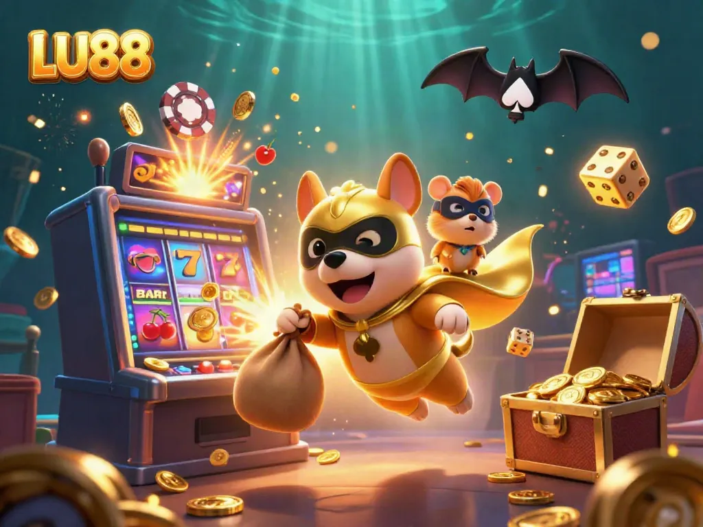 LU88 showcases thrilling casino excitement with cartoon characters flying amidst jackpot elements and dynamic gameplay.