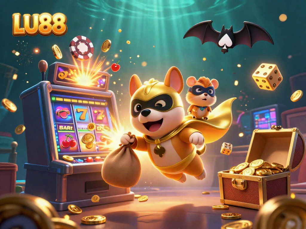 LU88 showcases thrilling casino excitement with cartoon characters flying amidst jackpot elements and dynamic gameplay.