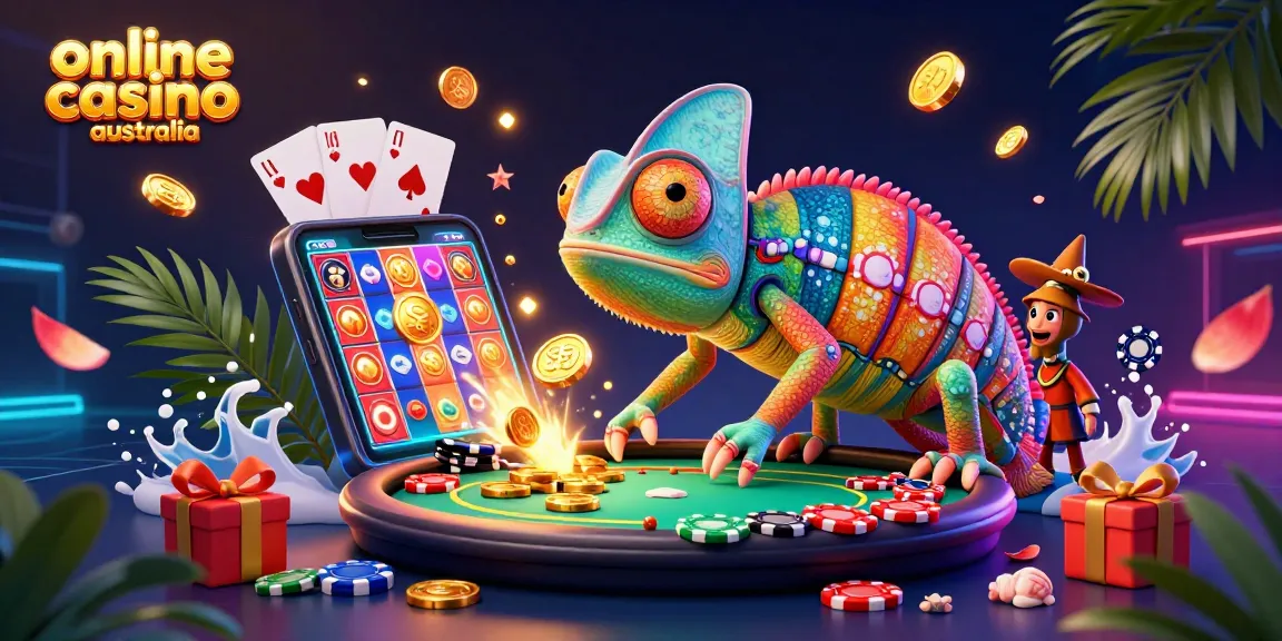 Engaging 3D illustration showcasing vibrant online casino australia scene featuring a chameleon and various casino elements.