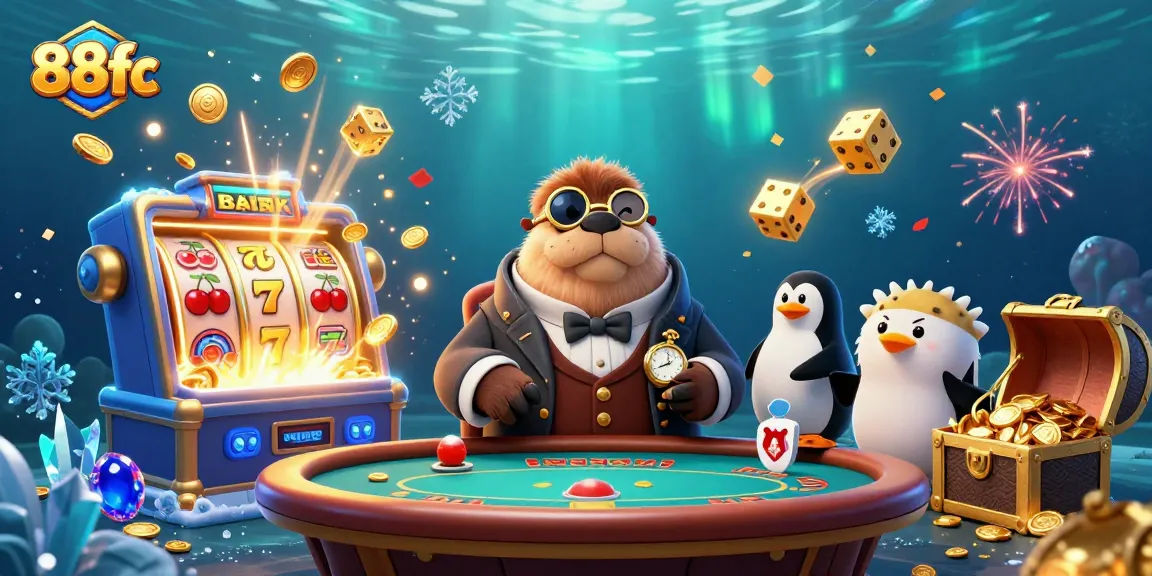 Experience the thrill of casino games with 88fc at an underwater poker table surrounded by dynamic casino elements.