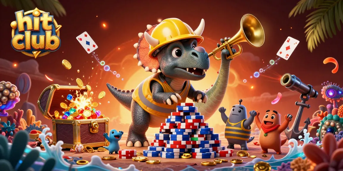 Engage in thrilling gameplay at hit club with a vibrant 3D scene of cartoon dinosaurs building poker chip towers.