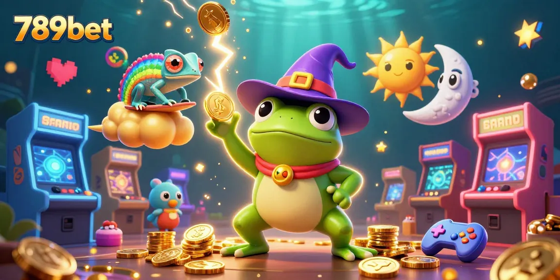 Experience the thrill of 789bet with cartoon magic creating golden coin storms and casino arcade excitement.