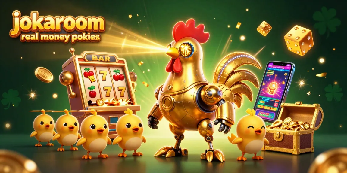 Engage with jokaroom real money pokies as a golden rooster robot commands a dynamic casino scene of slot machines and vibrant symbols.