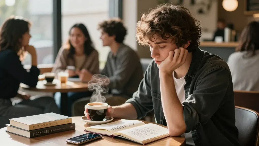 Engaging cafe scene illustrating rokok88 login themes of vulnerability and connection, with a young adult reflecting on life's challenges.