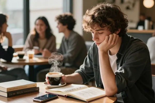 Engaging cafe scene illustrating rokok88 login themes of vulnerability and connection, with a young adult reflecting on life's challenges.