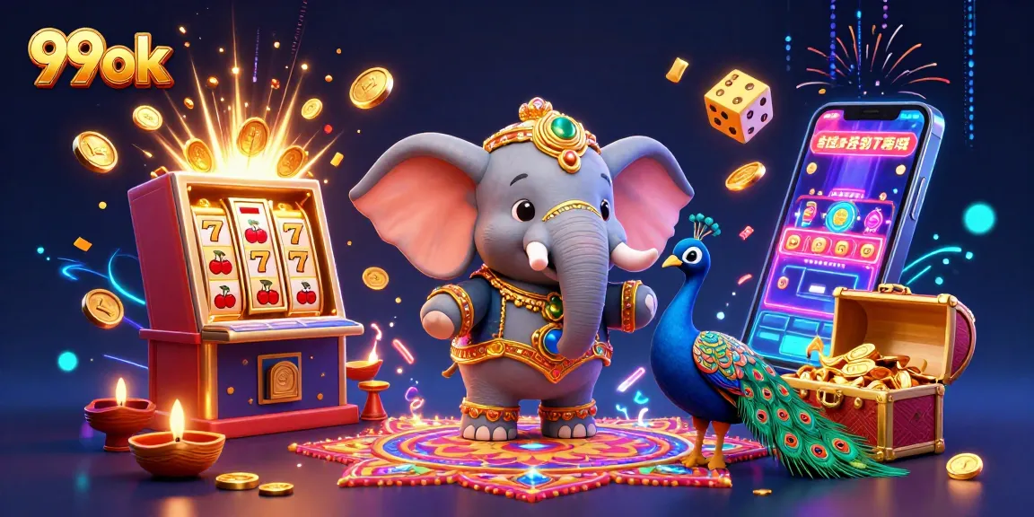 Engage in thrilling games at 99ok with vibrant visuals of slots, jackpots, and festive characters.