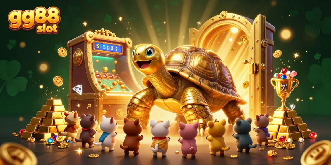 Experience the excitement of gg88 slot with a colossal golden tortoise and vibrant casino elements in an enchanting illustration.