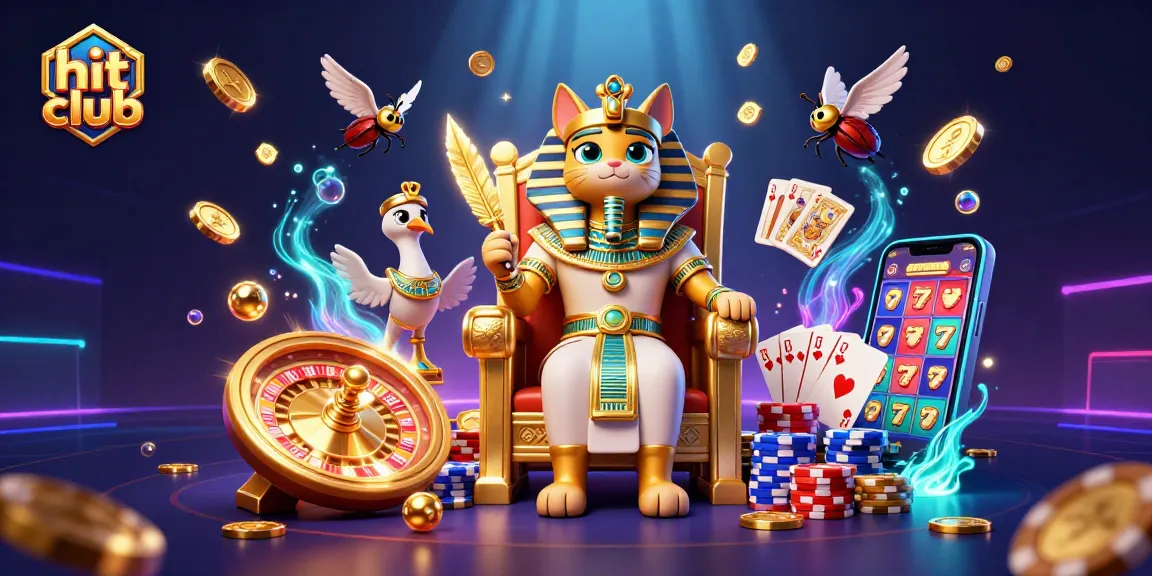 Engage in hit club's vibrant casino experience with playful Egyptian pharaoh cat and dynamic game elements.