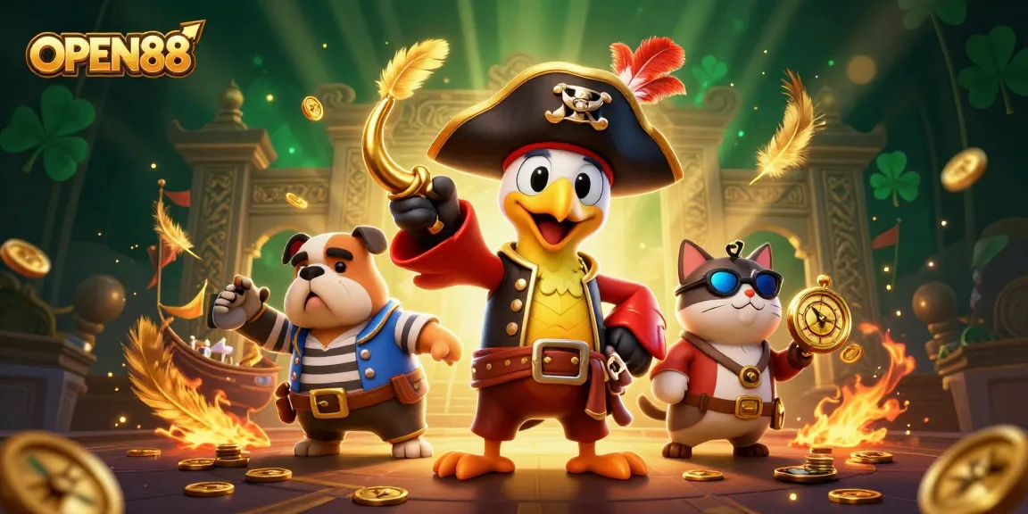 Experience OPEN88's thrilling 3D adventure featuring a pirate captain and friends amidst golden treasures and betting tokens