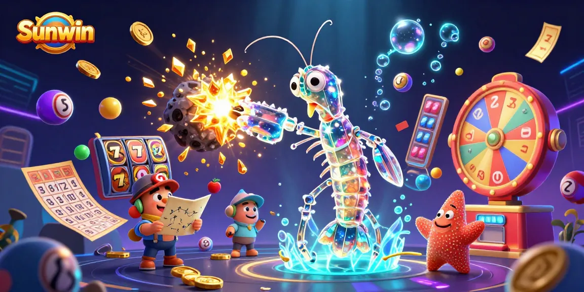 Experience thrilling action with Sunwin, as vibrant slot reels and colorful lottery balls create an exciting gambling scene.