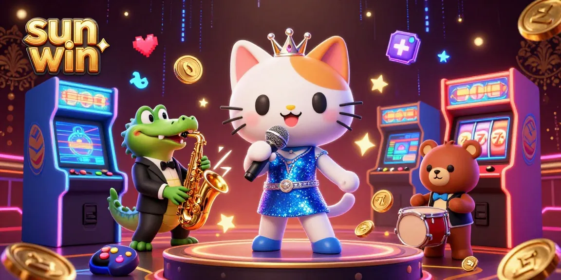 Win big with sun win at the casino, featuring vibrant characters and arcade game elements.