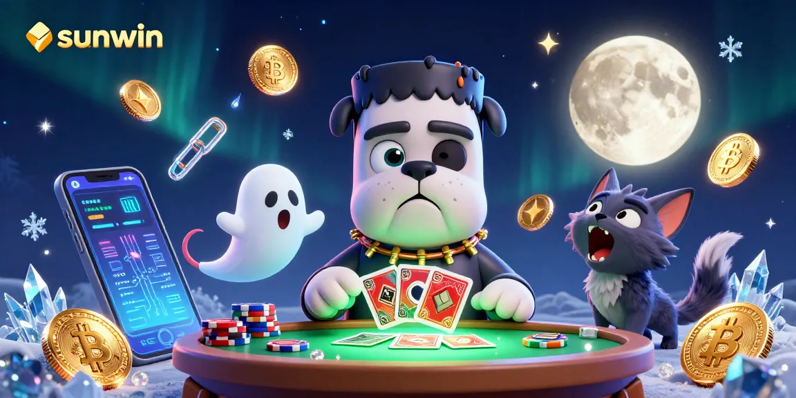 Deal cards with sunwin's characters at a lively casino table with neon coins and crypto effects.
