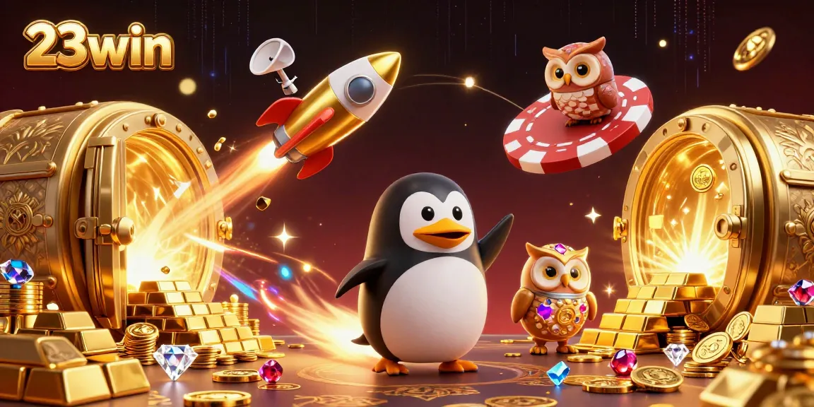 Experience the thrill of 23win with a penguin spaceship soaring towards a dazzling casino!