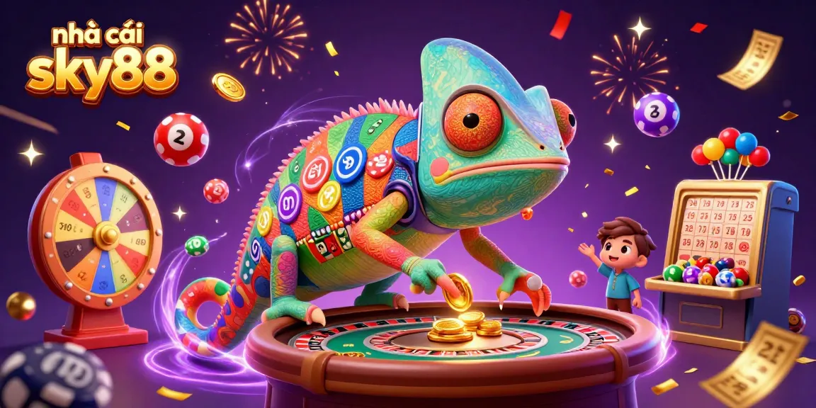 Crowd of gamesters engage at nhà cái sky88 with vibrant casino elements and golden coins raining down