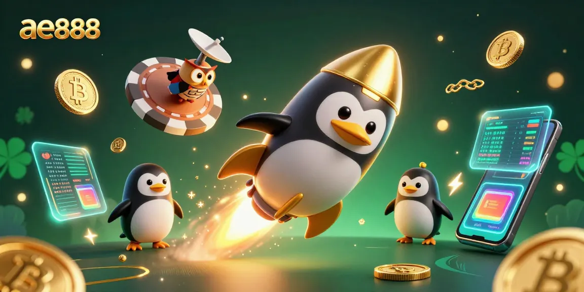 Bet on ae888 with excitement as a golden penguin blasts through space, bringing luck.
