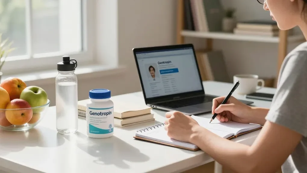 Focused individual researching Genotropin in a bright, healthy workspace with fruits and wellness books.