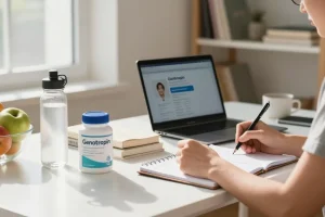 Focused individual researching Genotropin in a bright, healthy workspace with fruits and wellness books.