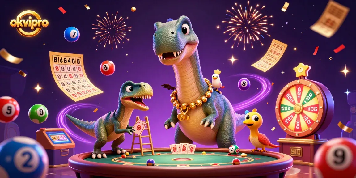 Engage with okvipro's dynamic casino scene featuring a brontosaurus amidst vibrant lottery elements and exciting visuals.