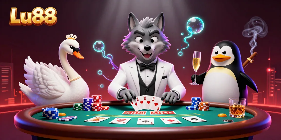 Lu88 players enjoying an engaging baccarat game with a stylish wolf, swan dealer, and sophisticated penguin.