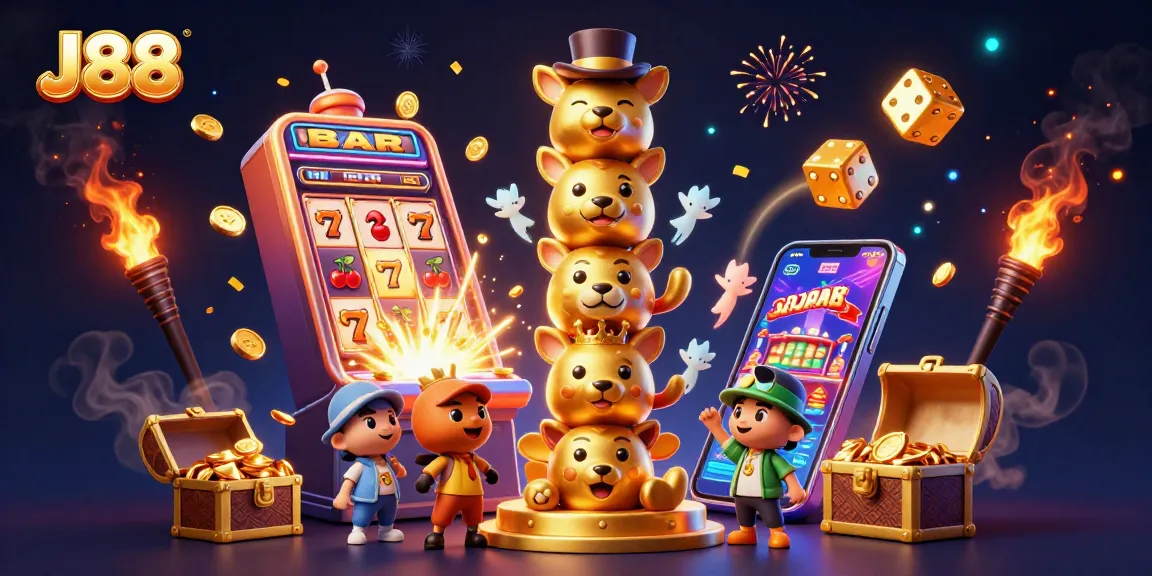 Experience winning moments at J88 with a dynamic casino scene filled with vibrant elements and jackpot excitement.