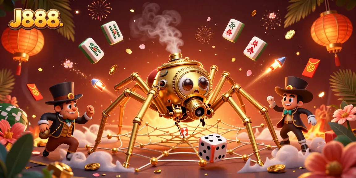 Experience J888 as you win with the steampunk spider in a rich casino-themed illustration.