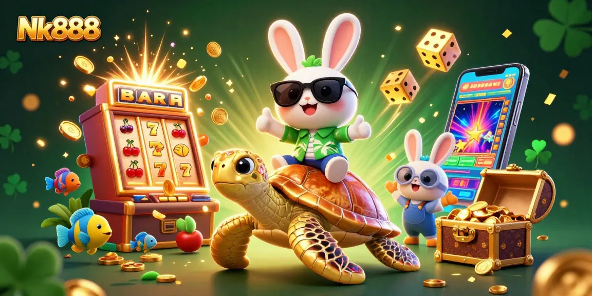 Experience thrilling gaming at Nk888 with a lucky rabbit and sea turtle amidst vibrant casino elements.