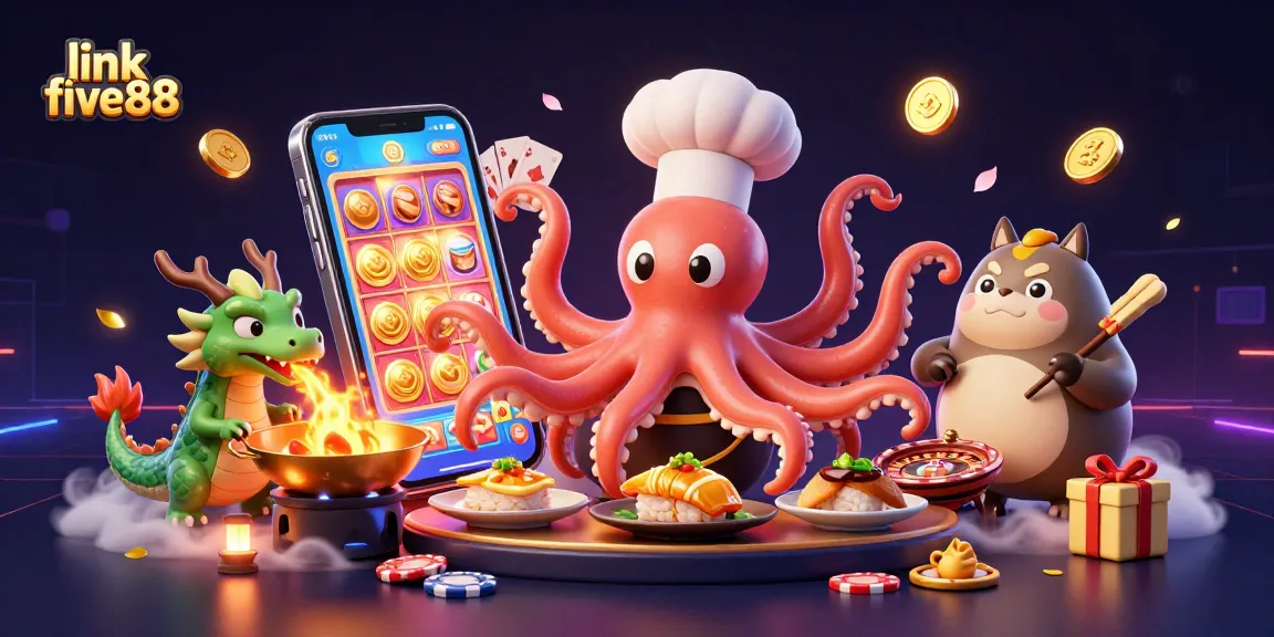 Experience excitement with link five88's vibrant 3D illustration of a sushi chef octopus preparing dishes amidst casino elements.