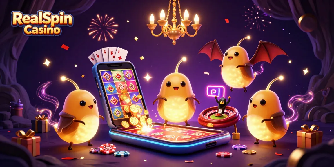 Embrace the thrill at RealSpin Casino with glowworms lighting up a vibrant cave casino scene.