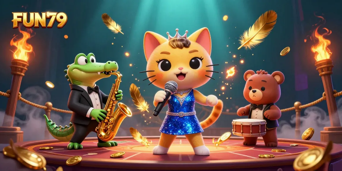 Experience the thrilling atmosphere of FUN79 with jazz-singer cat and friends in a vibrant casino scene.