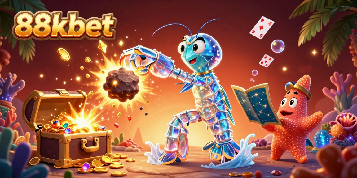 Engage with the thrilling world of 88kbet as a galactic mantis shrimp smashes through asteroids amidst treasures and gaming elements.